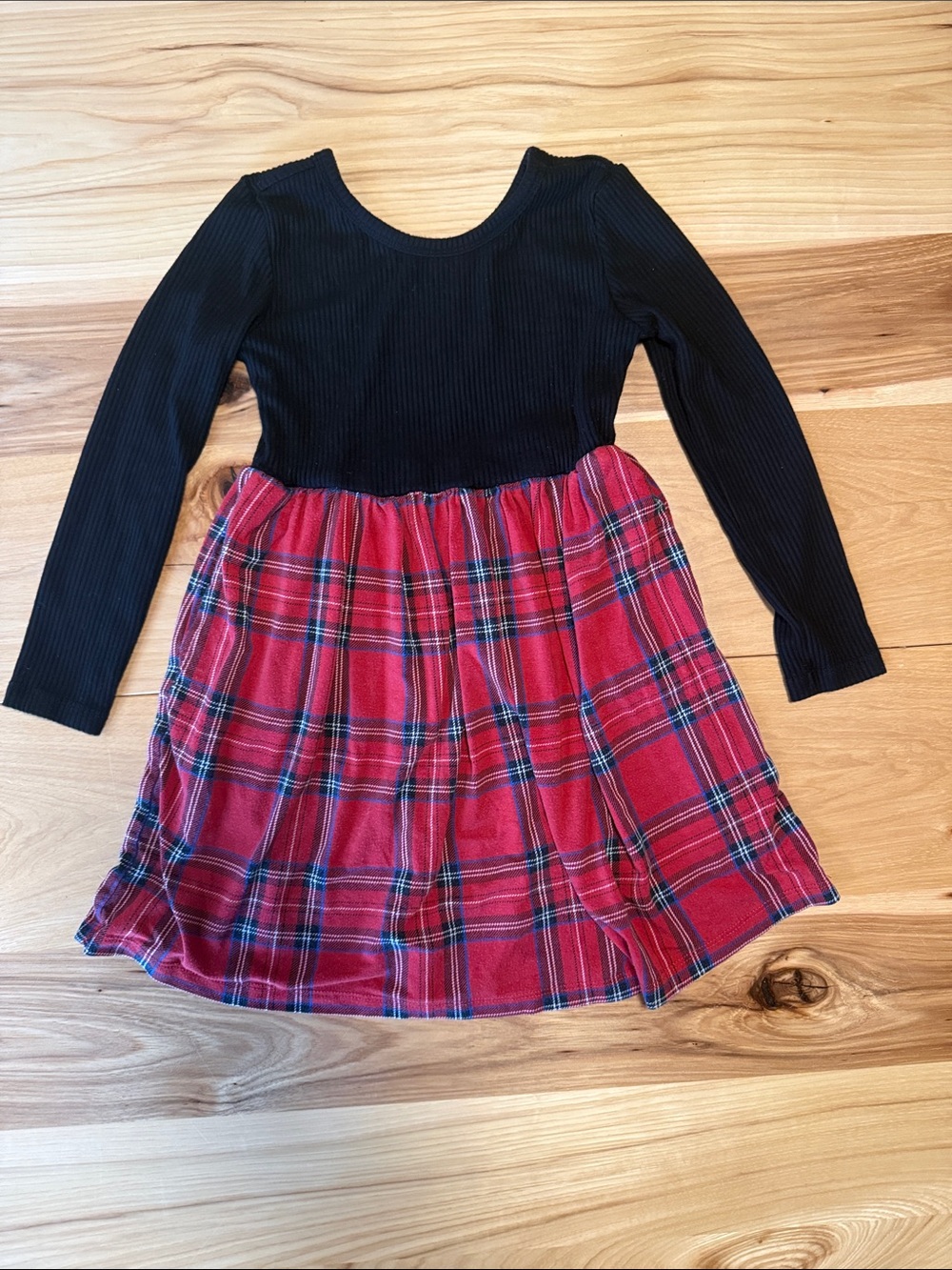 Little Sleepies Black Ribbed Top with Plaid Skirt Detail